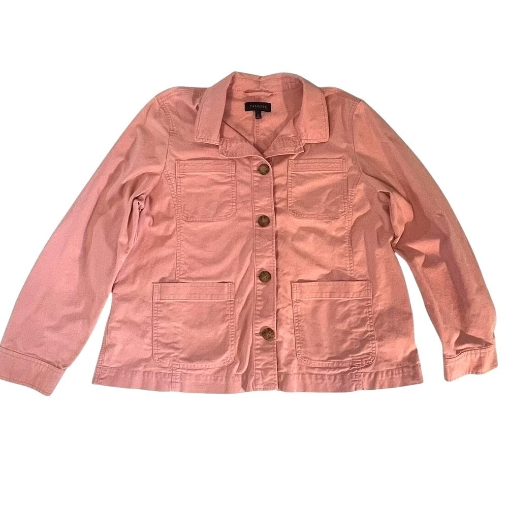 Talbots Cottagecore XL Pink Cotton Utility Chore Jacket 4 Pocket Button Up Field